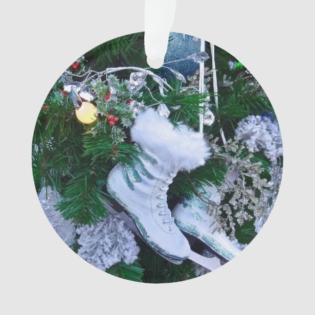 Blue Glitter and Fur Ice Skates on Christmas Tree Ornament (Front)