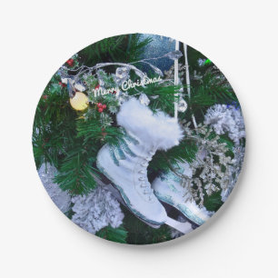 Blue Glitter and Fur Ice Skates on Christmas Tree Paper Plate