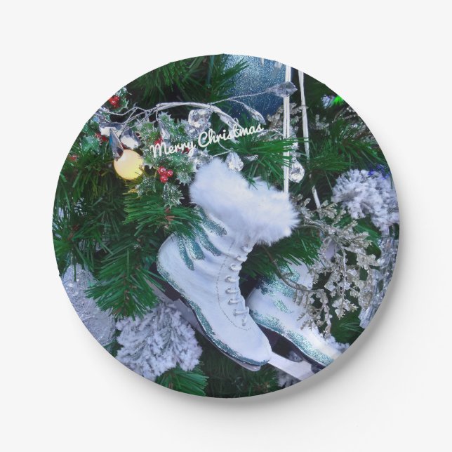Blue Glitter and Fur Ice Skates on Christmas Tree Paper Plate (Front)