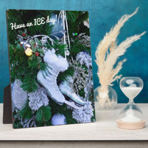 Blue Glitter and Fur Ice Skates on Christmas Tree Plaque
