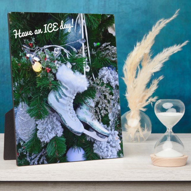 Blue Glitter and Fur Ice Skates on Christmas Tree Plaque (Side)