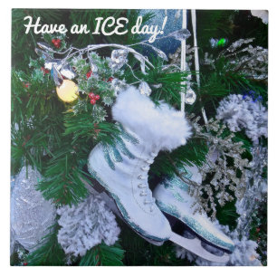 Blue Glitter and Fur Ice Skates on Christmas Tree Tile