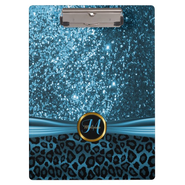 Blue Glitter and Leopard Skin Design Clipboard (Front)
