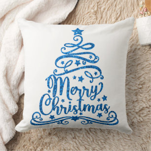 Blue Glitter and White Merry Christmas Tree Throw Pillow