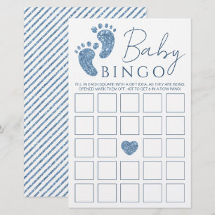Blue Glitter Baby Feet Baby Shower Bingo Game Card