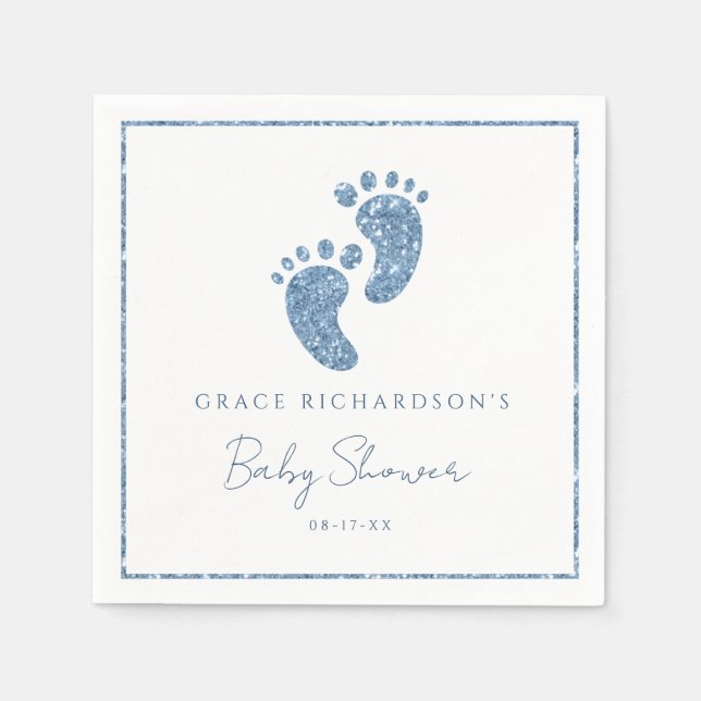 Blue Glitter Baby Feet Baby Shower Personalized Napkin (Front)