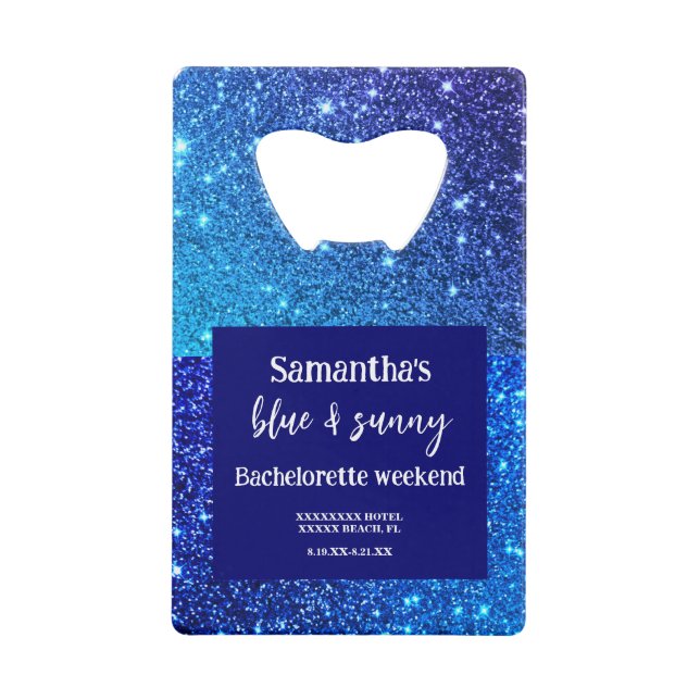 Blue Glitter Bachelorette Party  Credit Card Bottle Opener (Front)