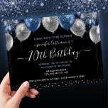 Blue Glitter Balloons 70th Birthday Party Invitation<br><div class="desc">Elegant faux silver and blue glitter balloons on the top border. All text is adjustable and easy to change for your own party needs. Great elegant save the date birthday party template design.  any year,  age can be changed. Elegant modern stylish typography</div>