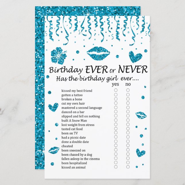 Blue glitter Birthday Ever or Never Game (Front/Back)