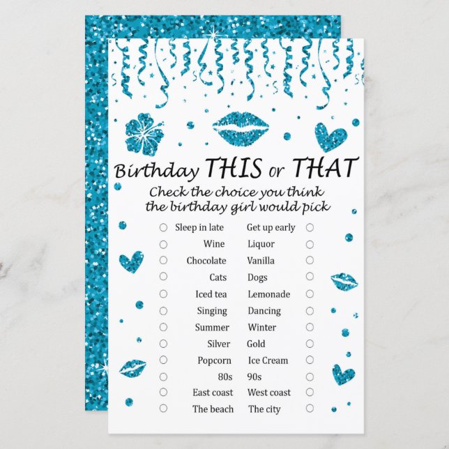 Blue glitter Birthday This or That Game (Front/Back)
