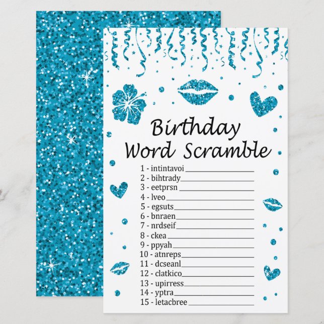 Blue glitter Birthday Word Scramble Game (Front/Back)