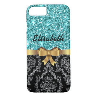 Blue GLITTER  BLACK DAMASK  GOLDEN BOW MONOGRAM Case-Mate iPhone Case
