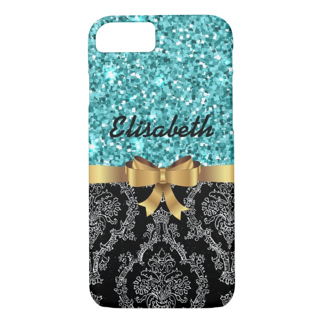 Blue GLITTER  BLACK DAMASK  GOLDEN BOW MONOGRAM Case-Mate iPhone Case (Back)