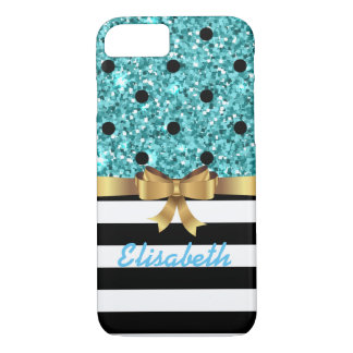 Blue GLITTER BLACk polka dot  GOLD BOW MONOGRAM iPhone 8/7 Case