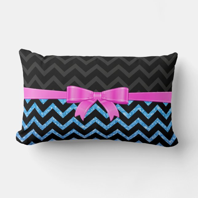 Blue Glitter Black Zigzag Chevron Pattern Lumbar Pillow (Front)