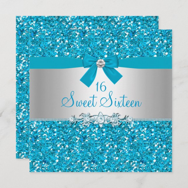 Blue Glitter Bow Sweet Sixteen Invite (Front/Back)