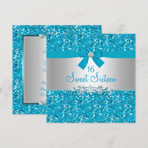 Blue Glitter Bow Sweet Sixteen Invite