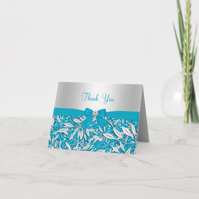 Blue Glitter & Bow Thank You Card (Front)