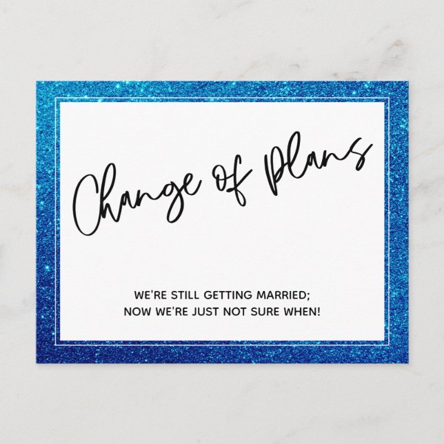 Blue Glitter Change of Plans Postponed Wedding Postcard (Front)