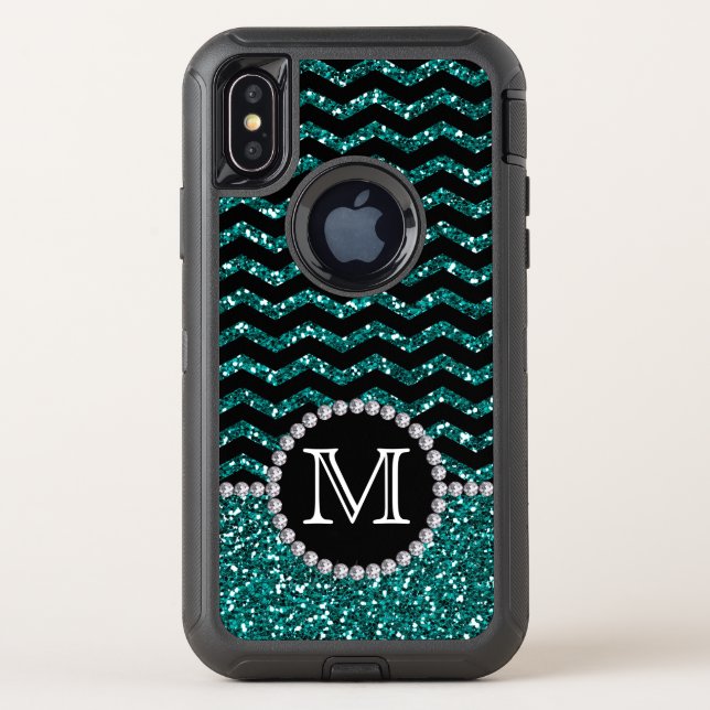 Blue Glitter Chevron Monogrammed Defender Otterbox iPhone Case (Back)