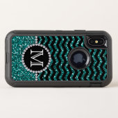 Blue Glitter Chevron Monogrammed Defender Otterbox iPhone Case (Back Horizontal)