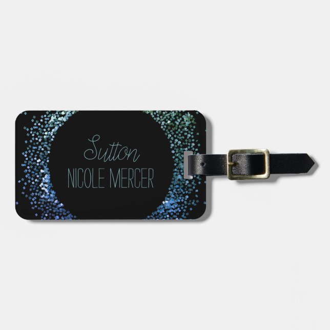 Blue Glitter Circle Luggage Tag (Front Horizontal)