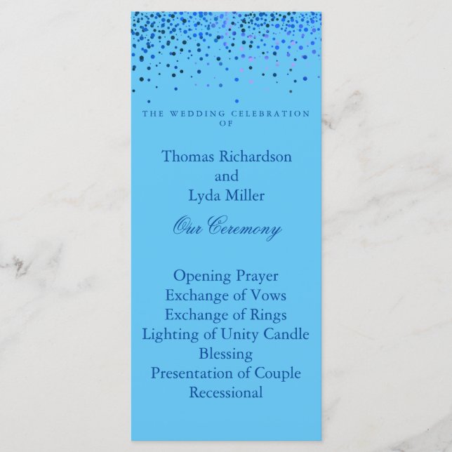 Blue Glitter Confetti Faux Foil Wedding Program (Front)