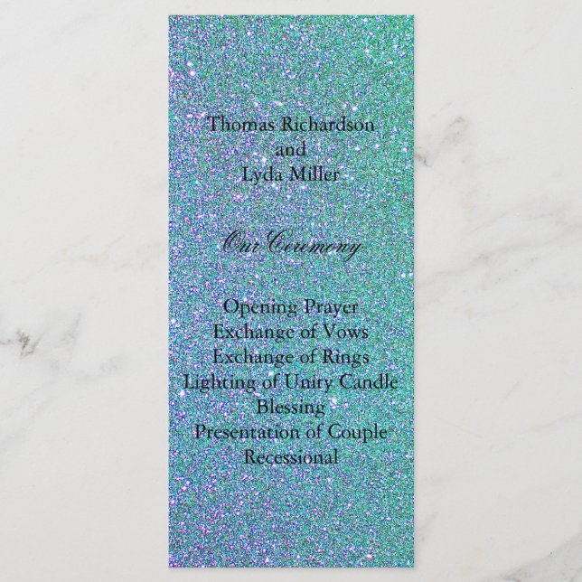 Blue Glitter Confetti Faux Foil Wedding Program (Front)