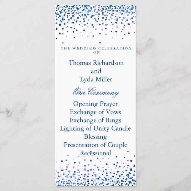 Blue Glitter Confetti Faux Foil Wedding Program (Front)