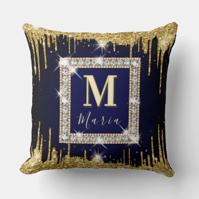 💎 Blue Glitter Custom Name Navy Spark Frame 💎 Throw Pillow (Front)