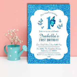 Blue glitter cute vibrant sparkling 1st birthday  invitation