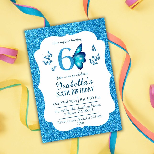 Blue glitter cute vibrant sparkling 6th birthday  invitation (Creator Uploaded)