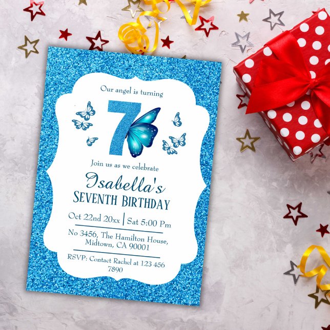 Blue glitter cute vibrant sparkling 7th birthday invitation (Creator Uploaded)