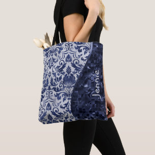 Blue Glitter Damask Pattern Glam Wave Personalized Tote Bag