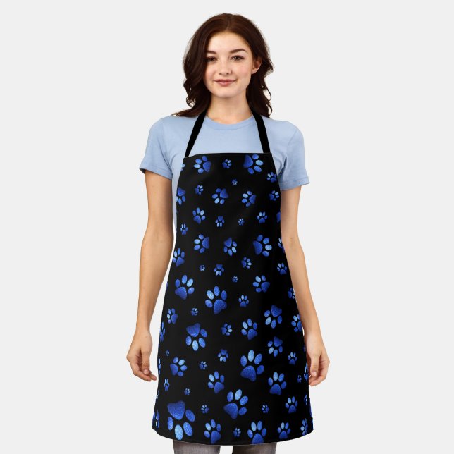 Blue glitter dog paw pattern apron (Worn)