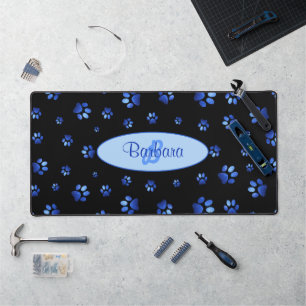 Blue glitter dog paw pattern Monogram Desk Mat
