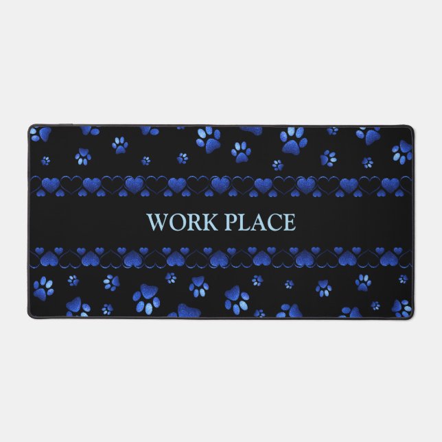 Blue glitter dog paw pattern, Monogram Desk Mat (Front)