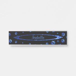 Blue glitter dog paw pattern Monogram Door Sign