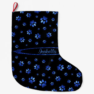 Blue glitter dog paw pattern Monogram Large Christmas Stocking