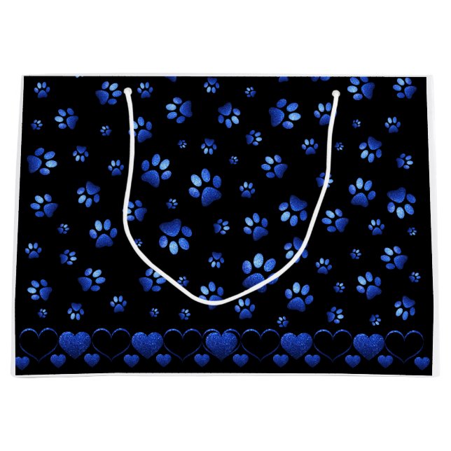 Blue glitter dog paw pattern, Monogram Large Gift Bag (Front)