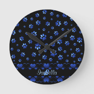 Blue glitter dog paw pattern, Monogram  Round Clock