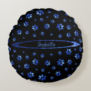 Blue glitter dog paw pattern Monogram  Round Pillow