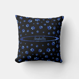 Blue glitter dog paw pattern Monogram Throw Pillow