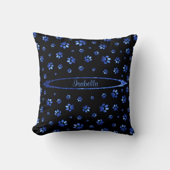 Blue glitter dog paw pattern Monogram Throw Pillow (Front)
