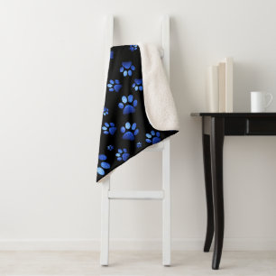 Blue glitter dog paw pattern sherpa blanket