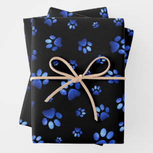 Blue glitter dog paw pattern  wrapping paper sheet