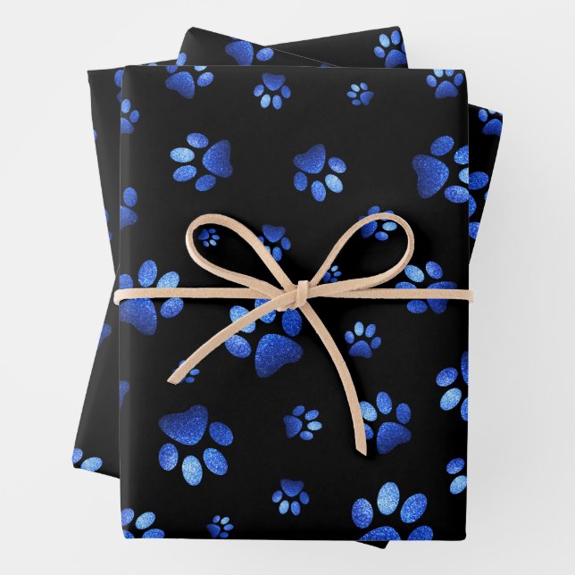 Blue glitter dog paw pattern  wrapping paper sheet (In situ)
