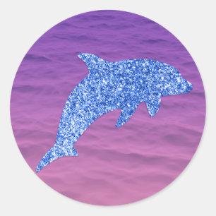 Blue Glitter Dolphin In Pink And Purple Sea Classic Round Sticker