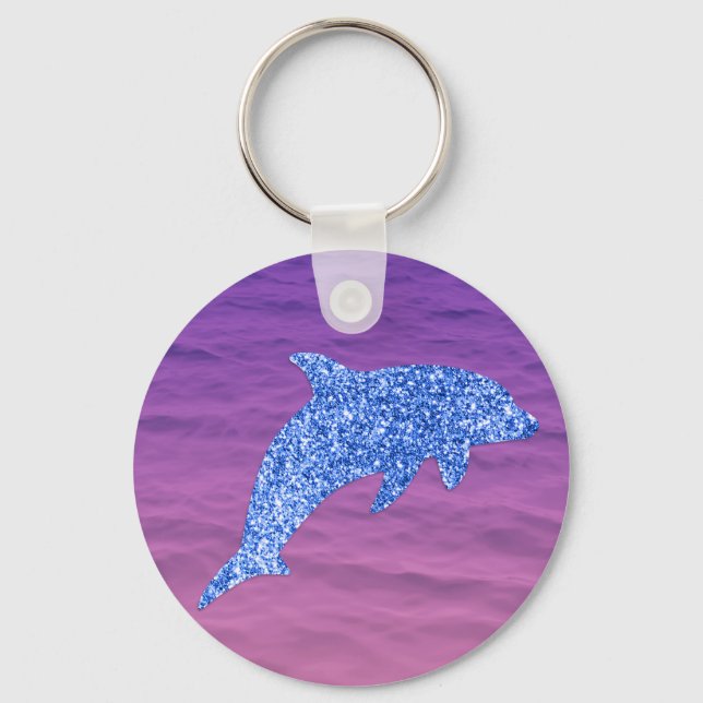 Blue Glitter Dolphin In Pink And Purple Sea Keychain (Front)