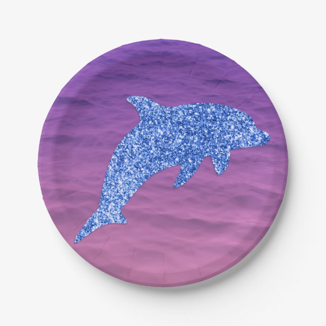 Blue Glitter Dolphin In Pink And Purple Sea Paper Plate (Front)